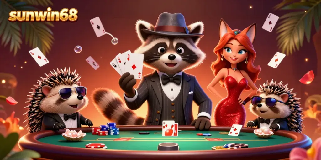 Experience thrilling poker gameplay with sunwin68 in this vibrant 3D casino scene.