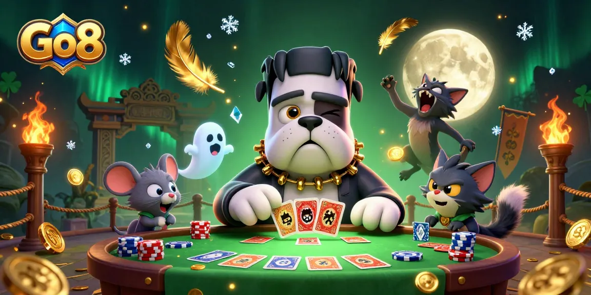 Deal cards at Go8's lively table with a cartoon bulldog, golden moon, and ghostly flair!