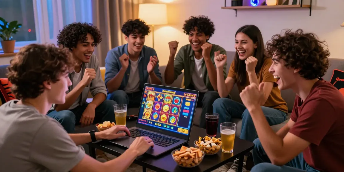 Excited friends enjoying HWGSLOT online gaming together in a cozy living room.