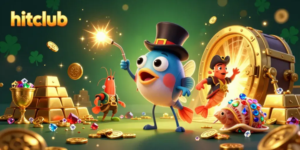 Engage with hitclub's treasure-filled scene featuring an anglerfish, shrimp, and snail amid sparkling riches.