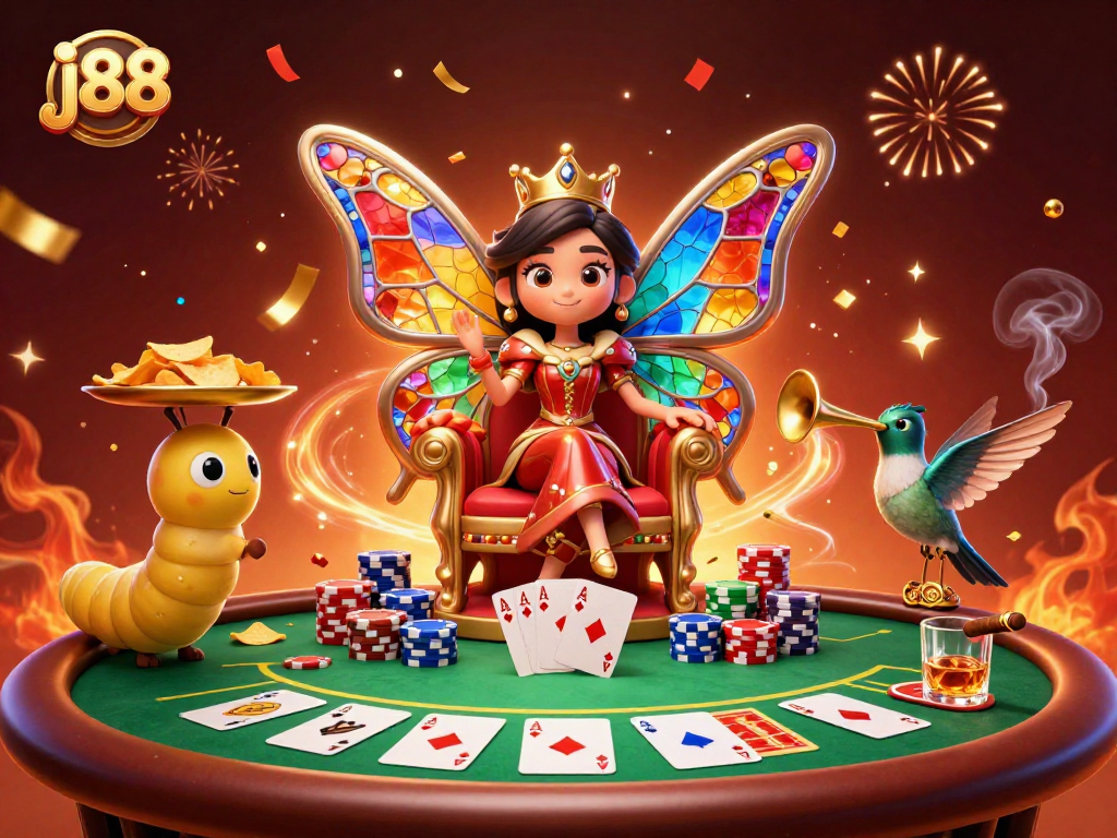 Engage in thrilling poker gameplay with the vibrant j88 casino scene featuring a butterfly queen and rich decorations.