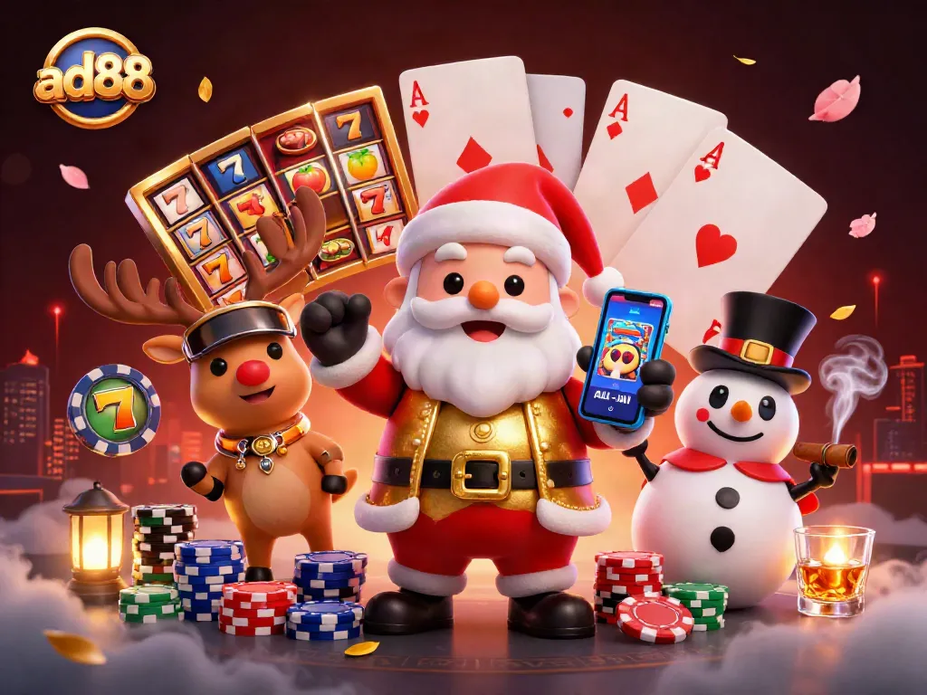 Experience the thrill of ad88 with Santa and friends enjoying jackpot slots in a vibrant casino.