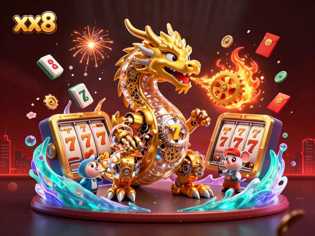 Experience thrilling wins at xx8 with a golden dragon and exciting slot games in a vibrant casino illustration.