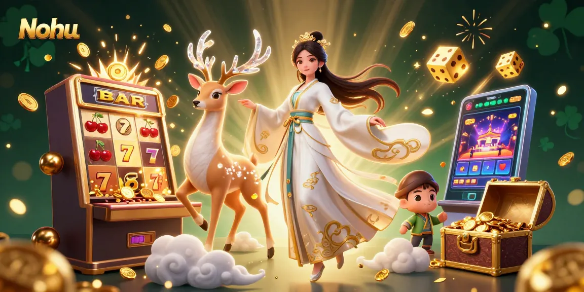 Nohu engages players with a vibrant slot machine scene, showcasing her expertise in jackpot strategies.
