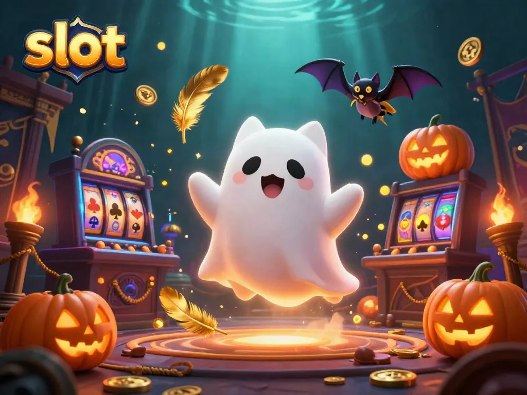 Engaging scene of a slot-themed ghost cat in a casino, featuring vibrant slot machines and glowing pumpkins.