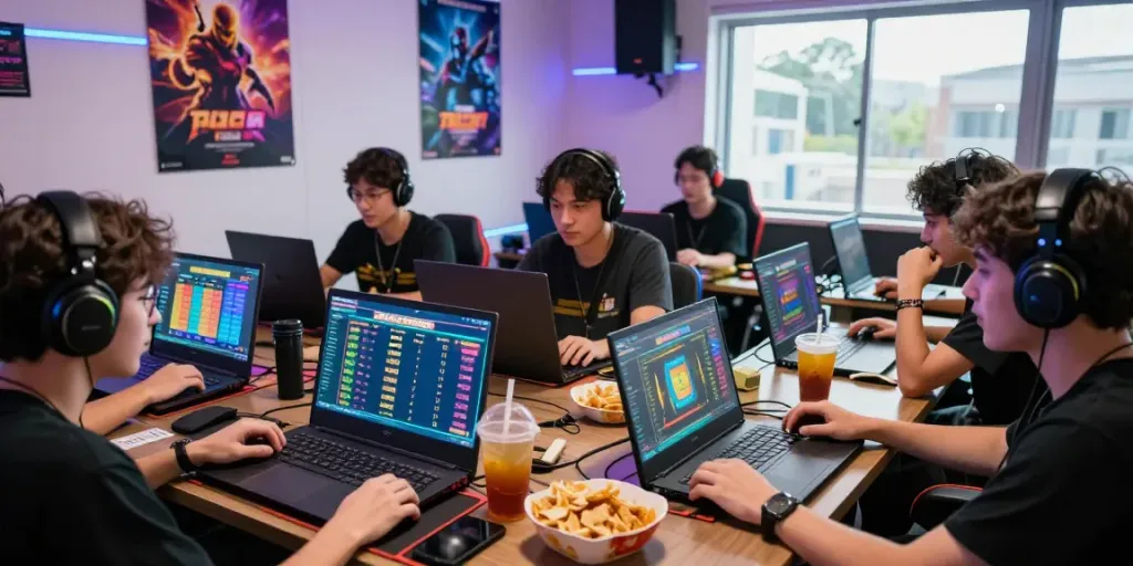 Exciting togel online game session with players engaged around laptops in a vibrant gaming room.