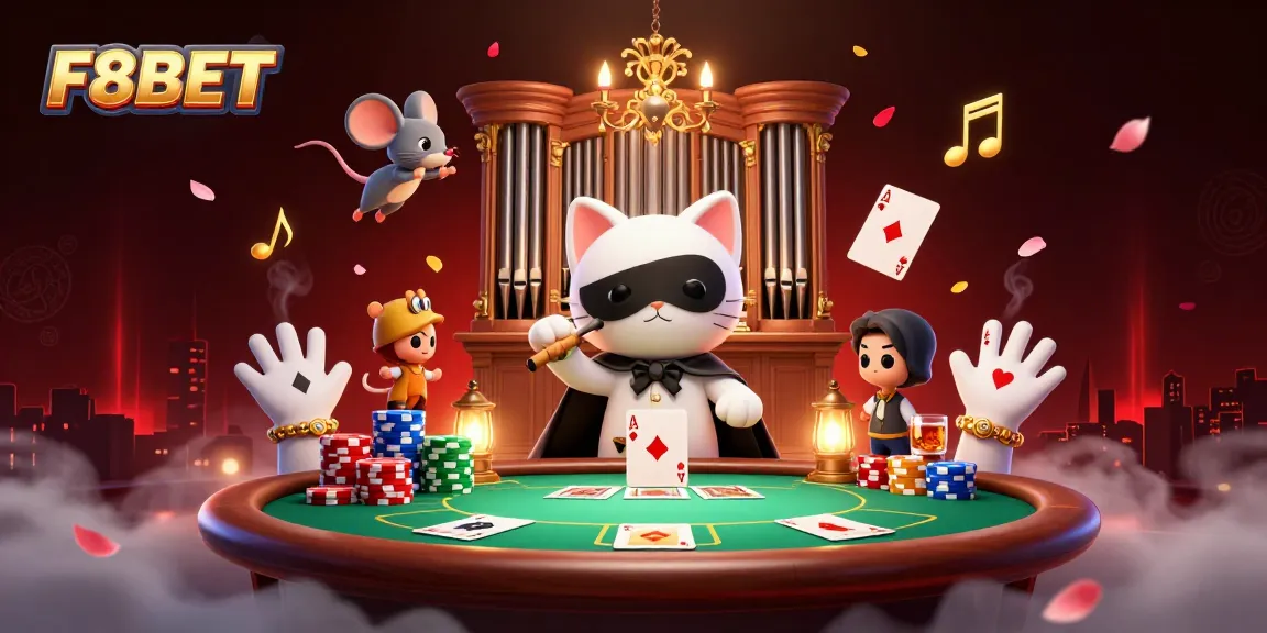 Experience F8BET's immersive casino scene with a charming cat, acrobatic mouse, and dynamic game elements.