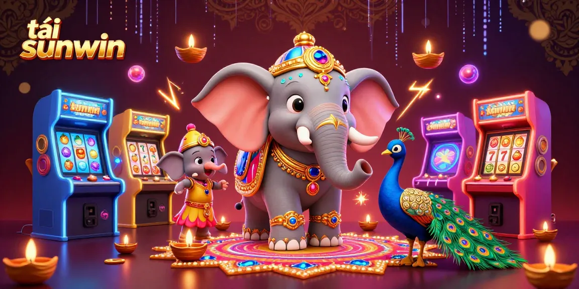 Play tải sunwin with vibrant 3D casino elements featuring an elephant and peacock in a dynamic scene.