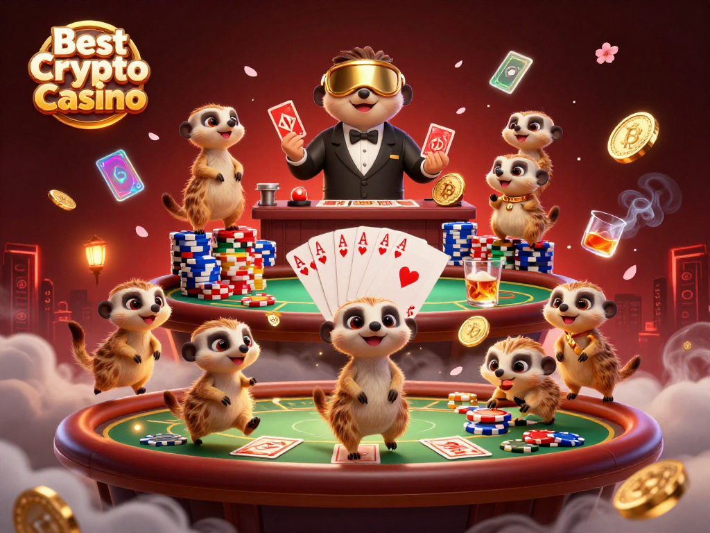 Engaging illustration of Best Crypto Casino featuring meerkats managing a casino with vibrant elements and dynamic action.