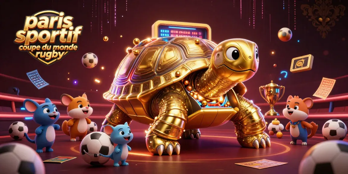 Miser sur les paris sportif coupe du monde rugby avec tortue géante et animaux jouant.