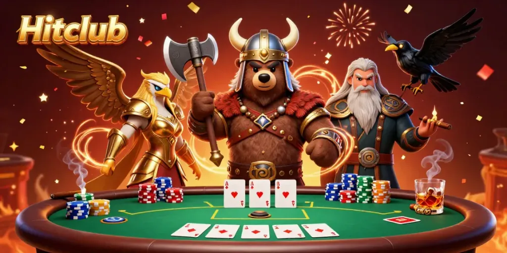 Hitclub offers an exciting poker scene featuring a Viking bear, Valkyrie eagle, and dynamic casino elements.