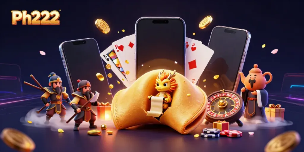 Experience Ph222's dynamic gambling scene with a golden fortune cookie and a wise dragon in a vibrant, rich setting.