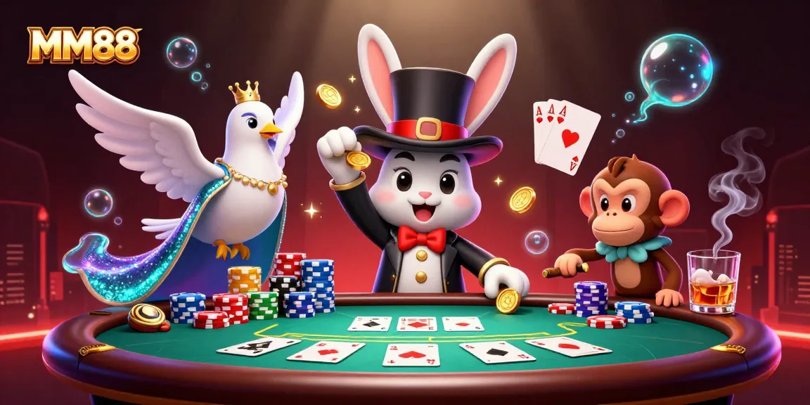 Experience MM88's vibrant magic with a thrilling poker scene featuring cartoon characters.