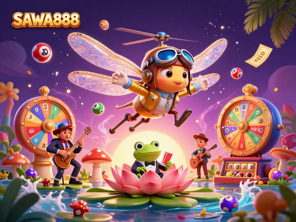 Experience the thrilling gameplay of SAWA888 with dynamic character illustrations and vibrant casino elements.