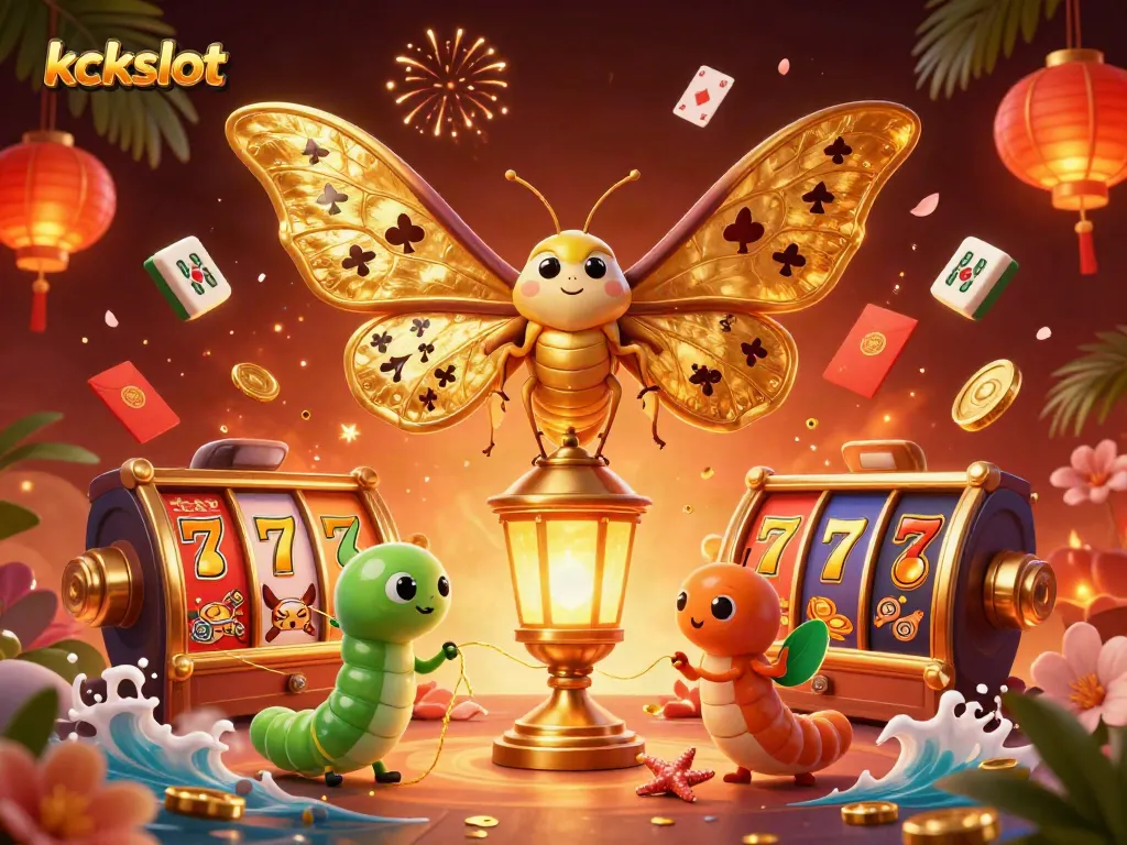Gambarkan kckslot yang penuh warna dengan simbol mesin slot dan kupu-kupu, menghibur pemain slot.