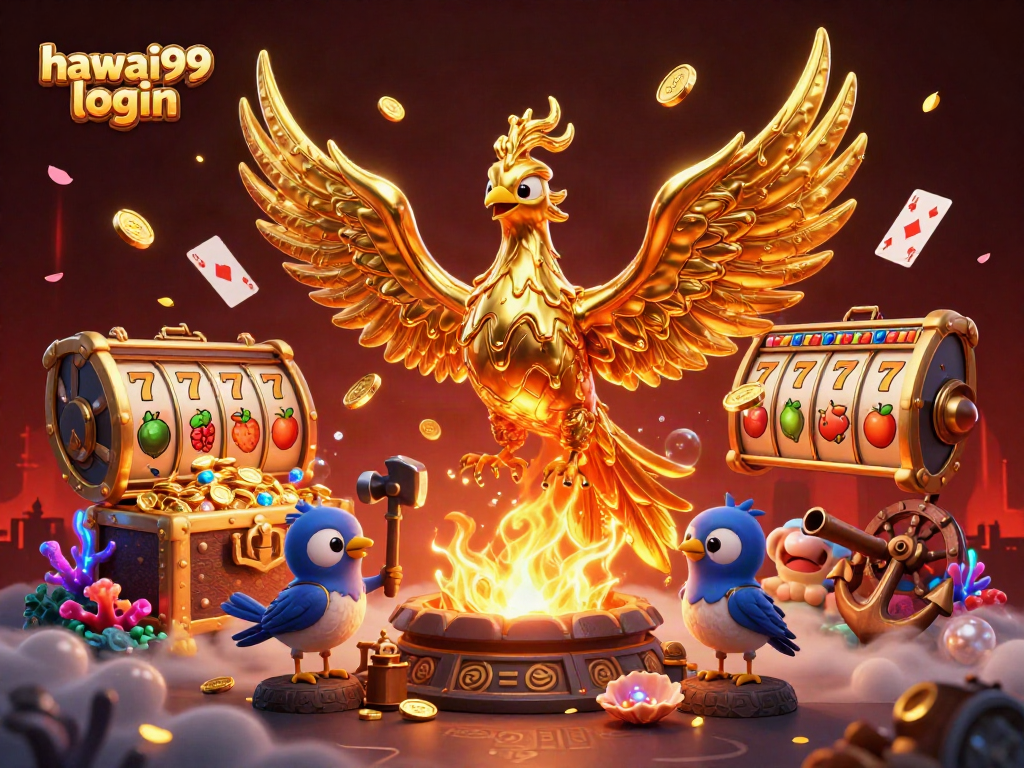 Engage with hawai99 login for a thrilling casino experience filled with vibrant 3D golden phoenix and slot symbols.