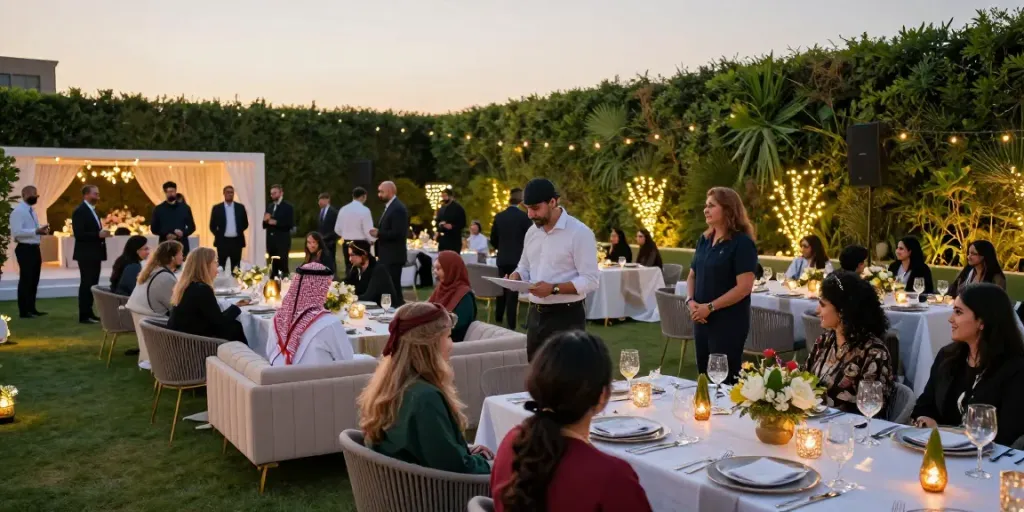 Event rental ksa setup featuring elegant furniture and exquisite decorations in a vibrant outdoor venue.