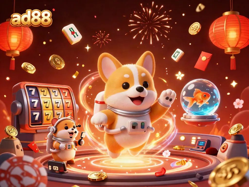 Engage with ad88's dynamic casino gaming experience filled with floating golden rewards and cheerful characters.