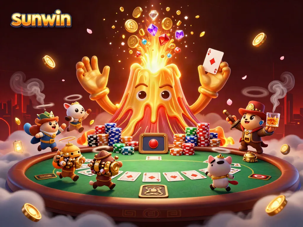 Experience thrilling gameplay at Sunwin with a golden volcano erupting treasure and poker action.