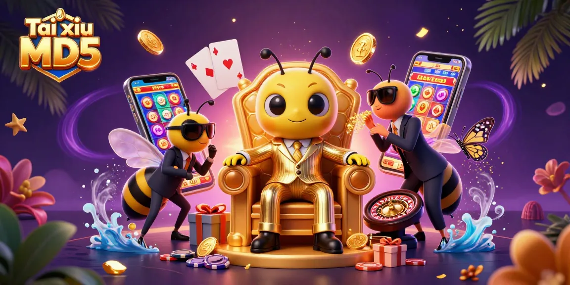 Tài xỉu MD5 game represented with a vibrant 3D scene of characters surrounded by casino-themed elements.