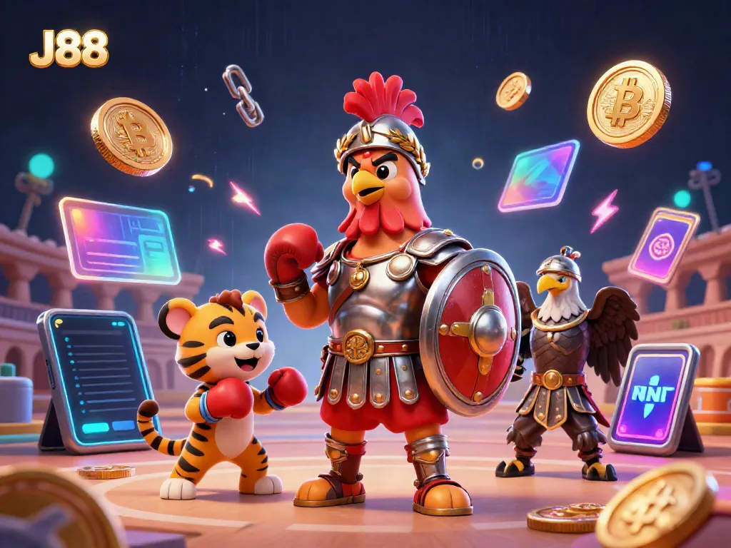Engage with J88's thrilling casino action in a vibrant 3D illustration featuring exciting characters and elements.