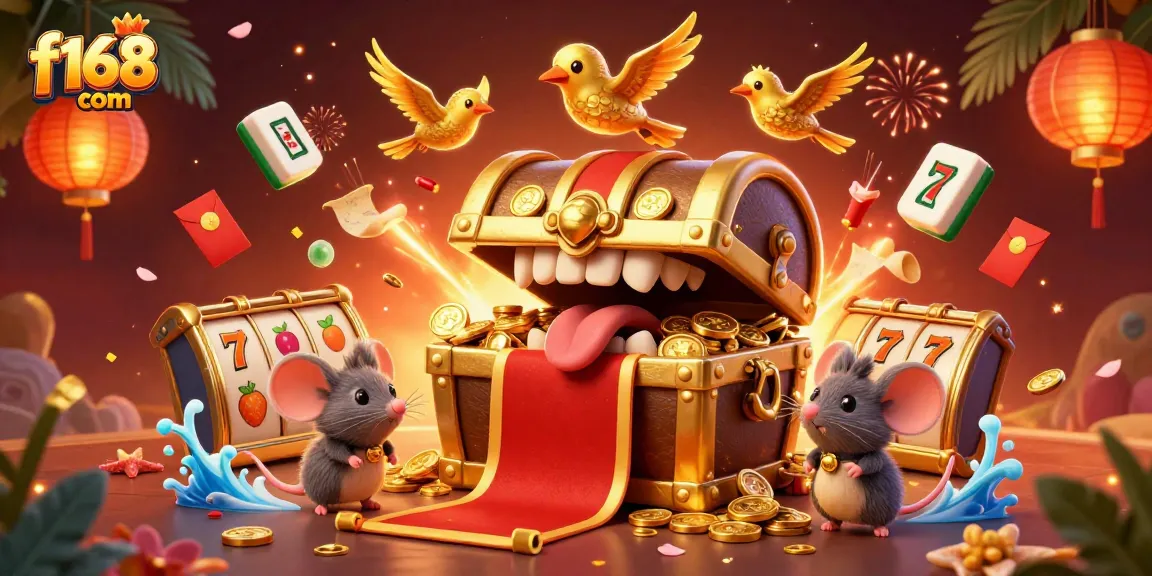 Engage with f168 com's slot gaming experience as vibrant elements dance around a treasure chest.