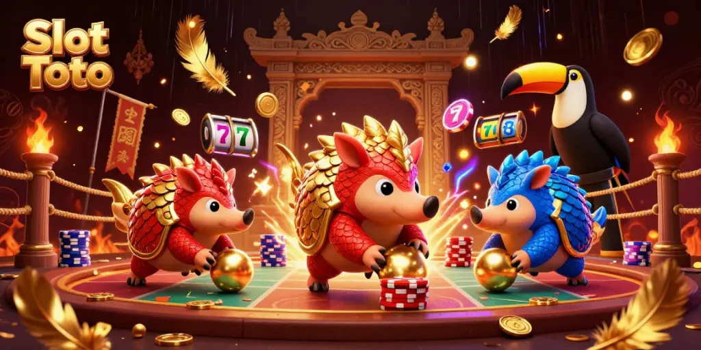 Slot Toto menghadirkan ilustrasi 3D dengan pangolin rival, dikelilingi elemen permainan kasino yang menarik.