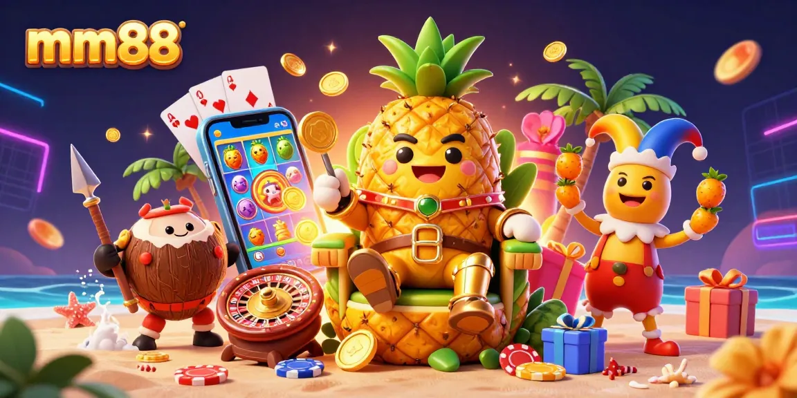 Experience thrilling gaming adventures with mm88 as the golden pineapple king reigns over a vibrant beach casino.