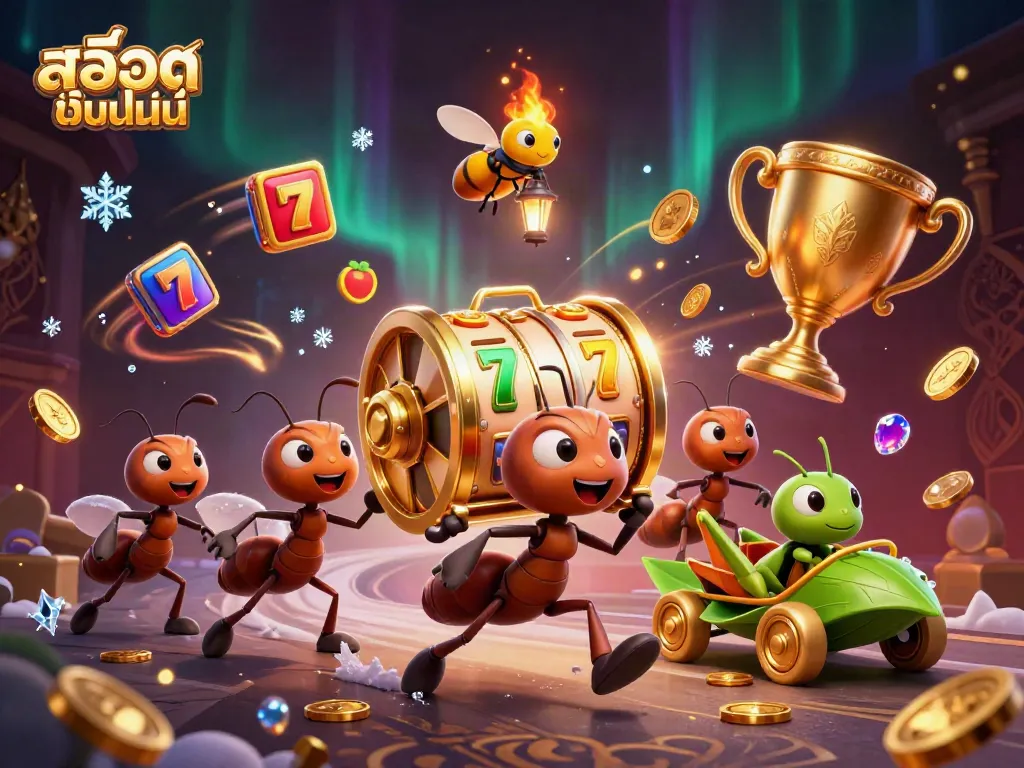 Ants carrying a giant slot reel in a vibrant 3D scene of สล็อตออนไลน์ excitement.