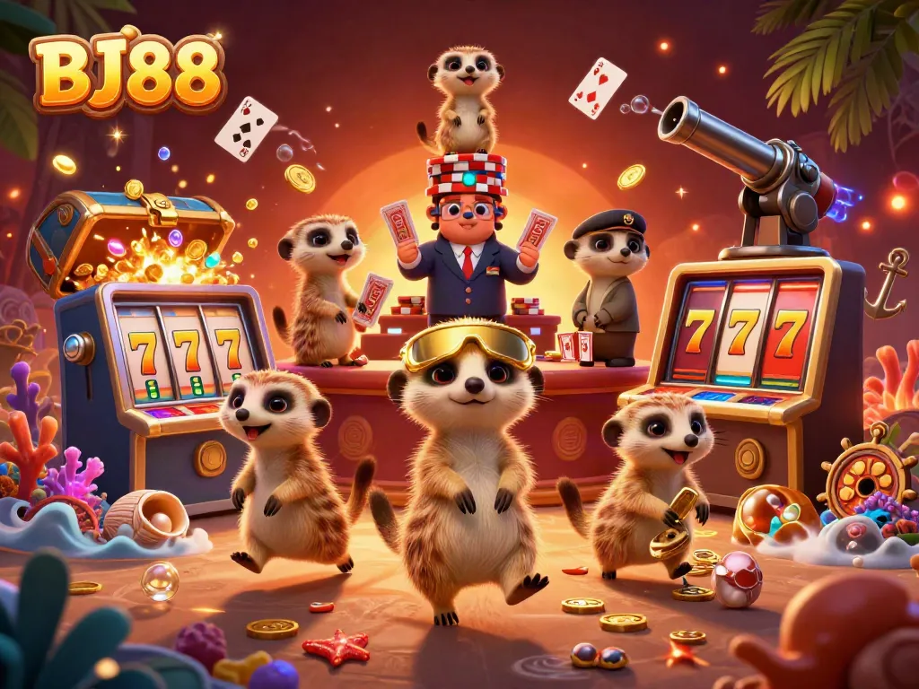 BJ88 engages players with a lively casino scene featuring meerkats managing games and treasures.