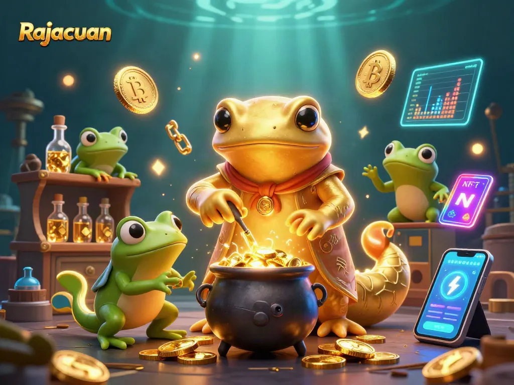 Experience the thrilling Rajacuan gaming atmosphere with stunning golden alchemist illustrations and crypto elements.