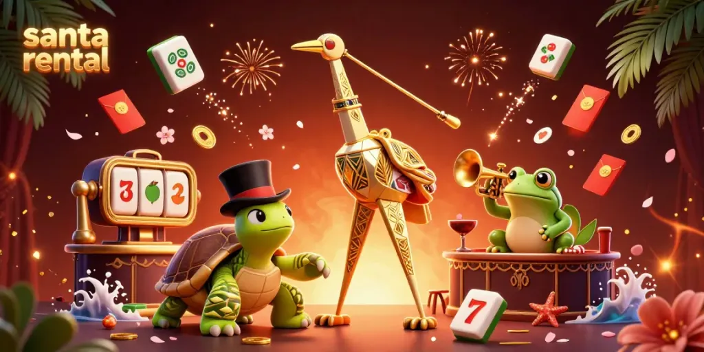 Engaging scene of a vibrant casino setting featuring the brand "santa rental" with colorful slot reels and lively characters.