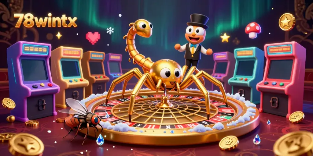 Engage with thrilling bets at 78wintx, featuring a golden spider croupier and roulette wheel.