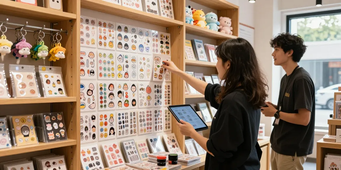 Custom stickers collection displayed in vibrant store, customer exploring designs.
