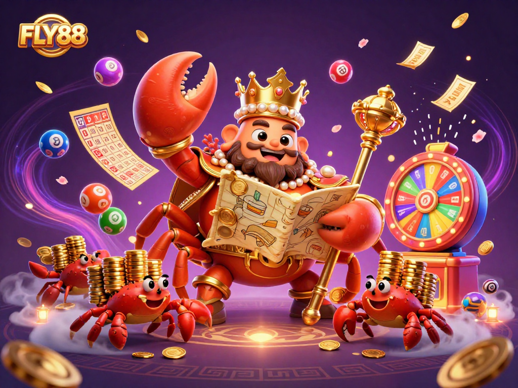 Spin and win big with FLY88's vibrant lottery and casino-themed illustration, featuring a golden crab emperor.