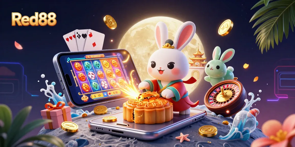 Experience Red88's vibrant casino atmosphere with a festive moon rabbit scene, celebrating gaming.