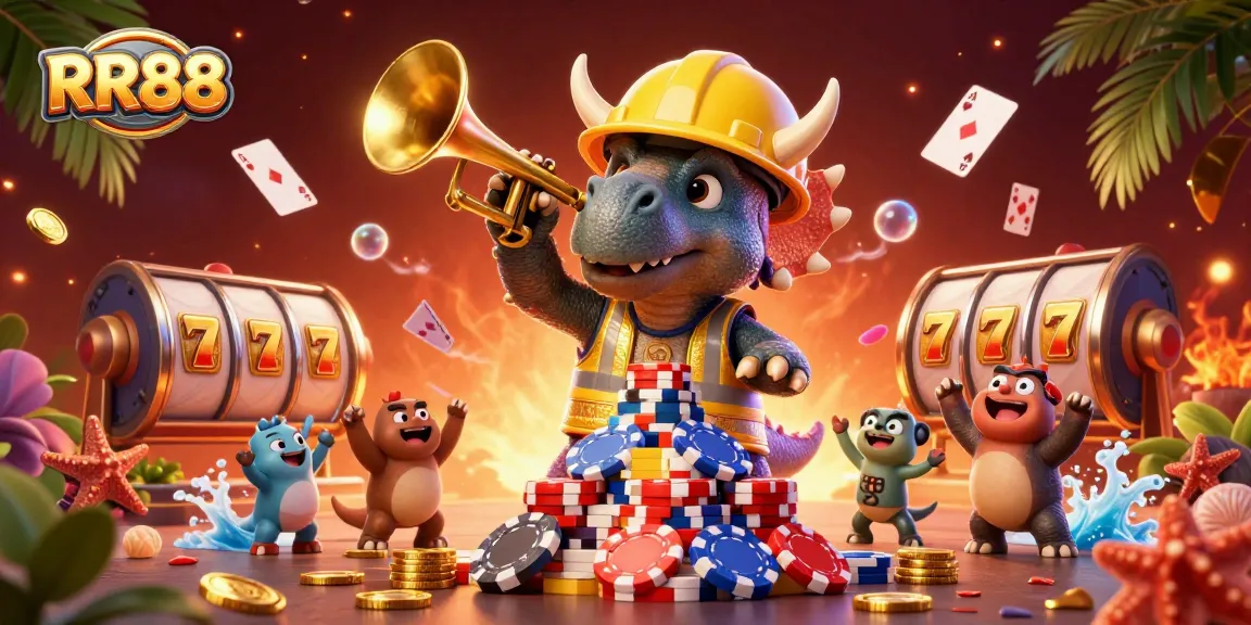 Engage with RR88, where a triceratops and friends celebrate wins with drifting playing cards and vibrant slot reels.