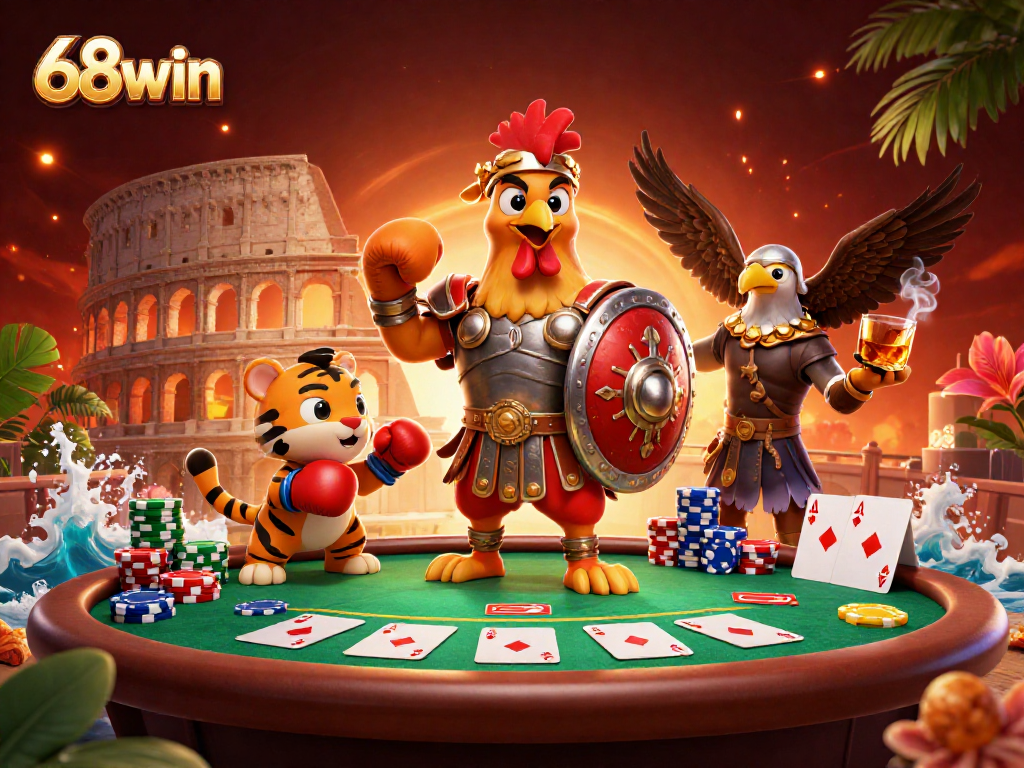Experience the excitement of 68win with a dynamic 3D illustration featuring our characters and poker elements for immersive gambling fun.