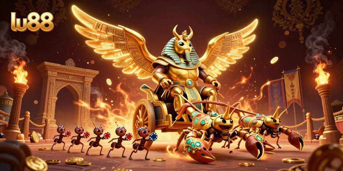 lu88 game scene featuring a golden scarab beetle with scorpions, surrounded by gold coins, enhancing excitement.