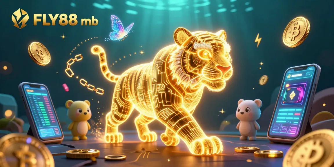 Experience seamless gaming at FLY88 mb with neon-lit tiger and crypto coins in a vibrant digital casino.