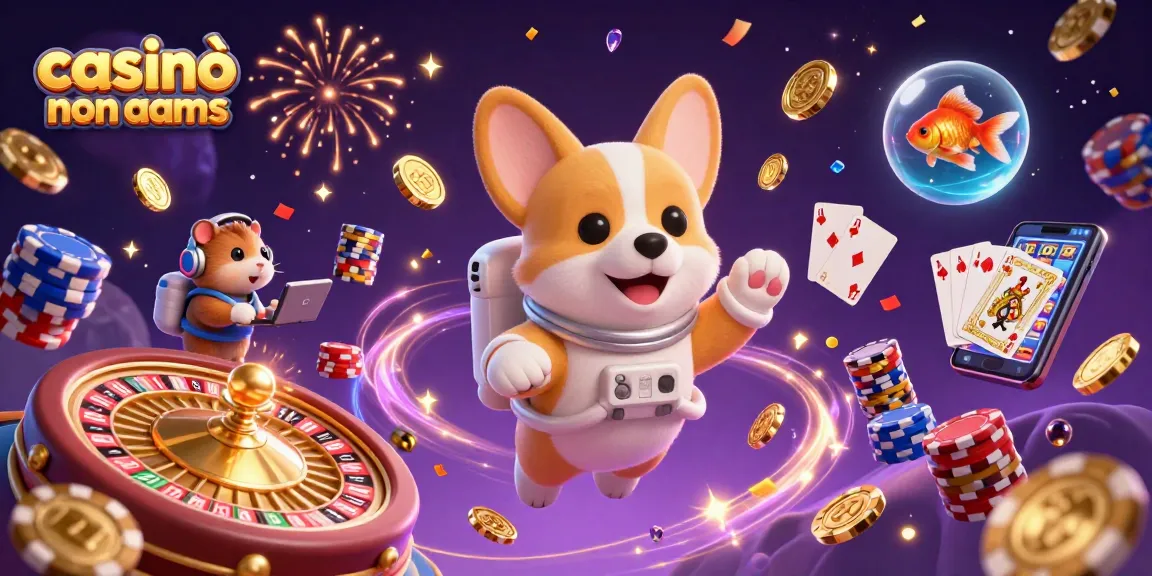 Volta nel fantastico mondo dei casinò non AAMS con un corgi astronauta mentre fluttua tra le monete dorate e la gioia dei giochi.