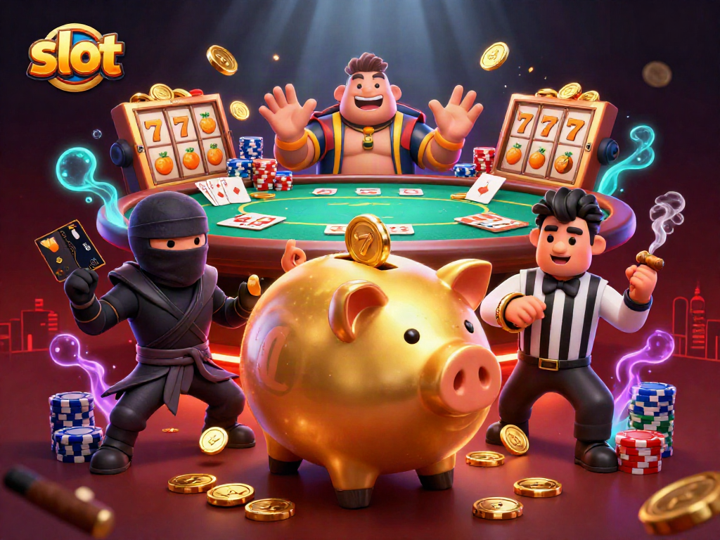 Experience thrilling slot games with lively 3D action featuring a sumo wrestler and vibrant casino elements.