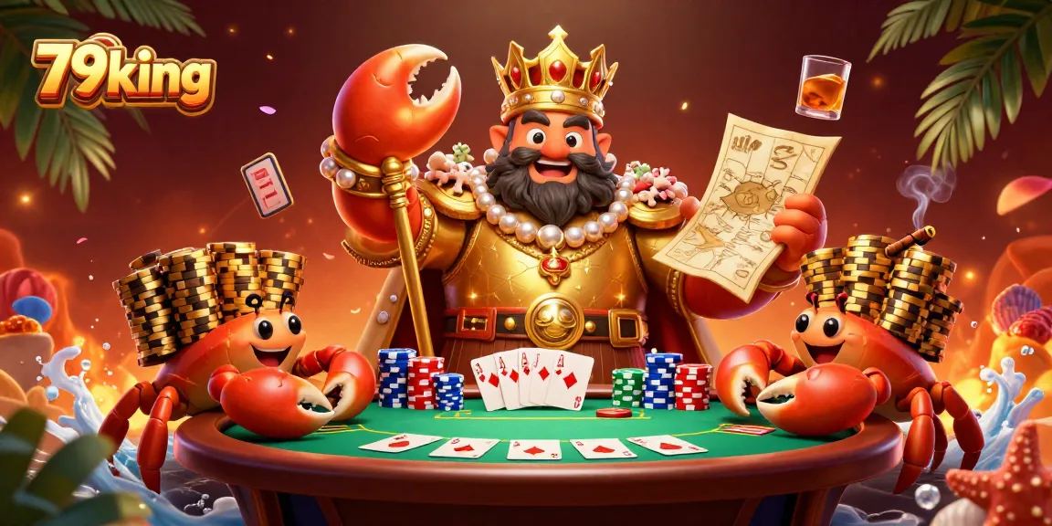Experience thrilling gambling with 79king's vibrant casino scene featuring a golden crab and poker elements.