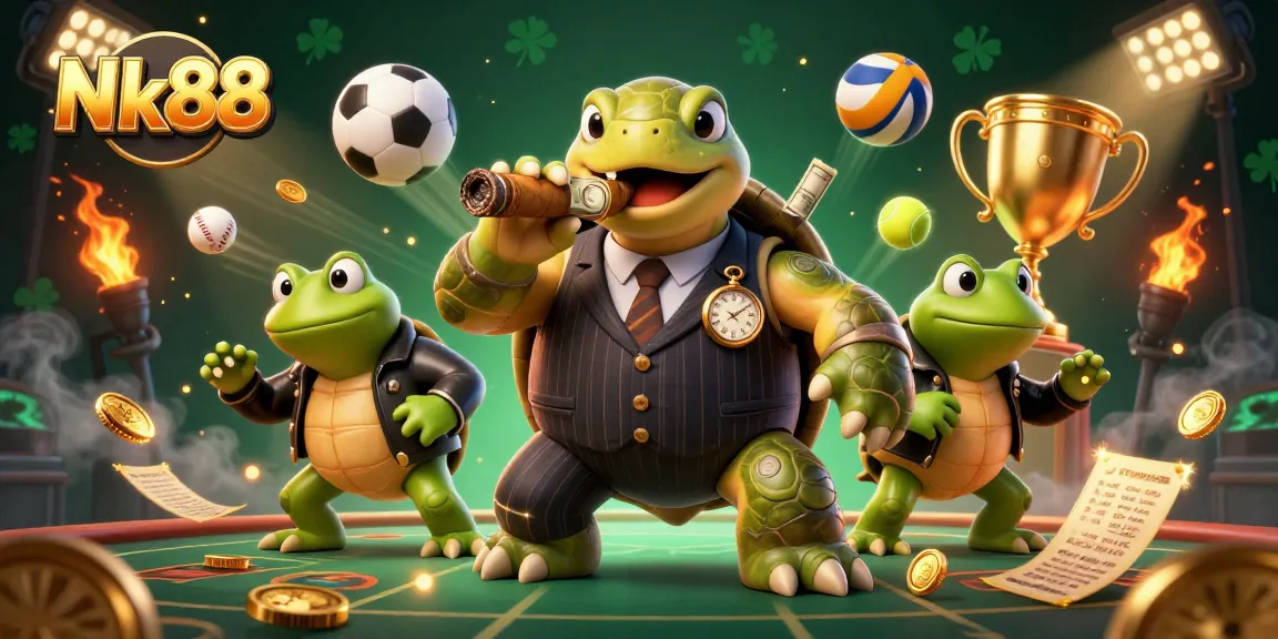 Experience thrilling bets with Nk88, featuring a snapping turtle in a casino scene with vibrant dynamics.