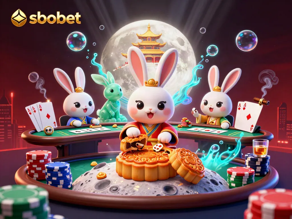 SBOBET sports betting illustration featuring moon rabbits with poker chips, vibrant casino atmosphere.