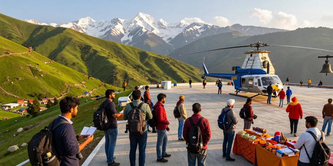 Katra helicopter booking scene with pilgrims at helipad, helicopters, mountains, and vibrant atmosphere.
