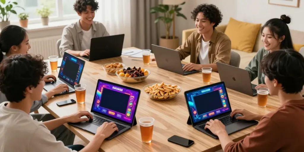 Group of friends enjoying diverse games on ROKOK88 platform, showcasing vibrant interface on various devices.