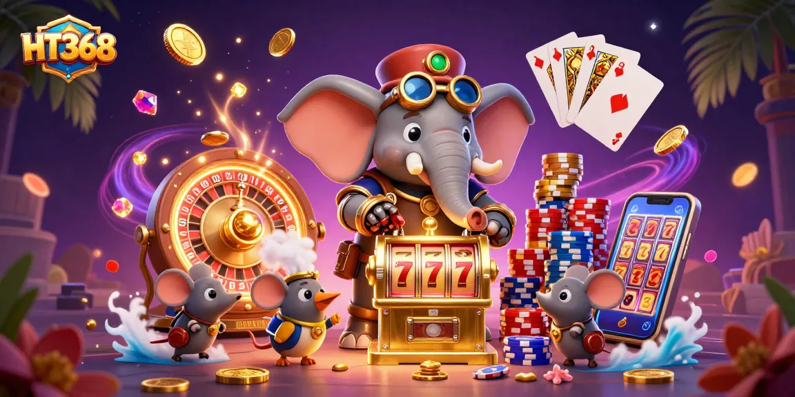 Experience the excitement at HT368 with a steampunk elephant winning at slots amidst dazzling casino elements.