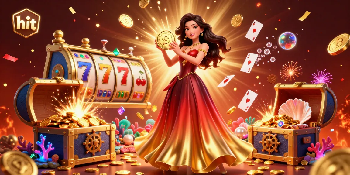Hit thrilling jackpot with the stunning Asian woman at a vibrant casino scene filled with golden coins.