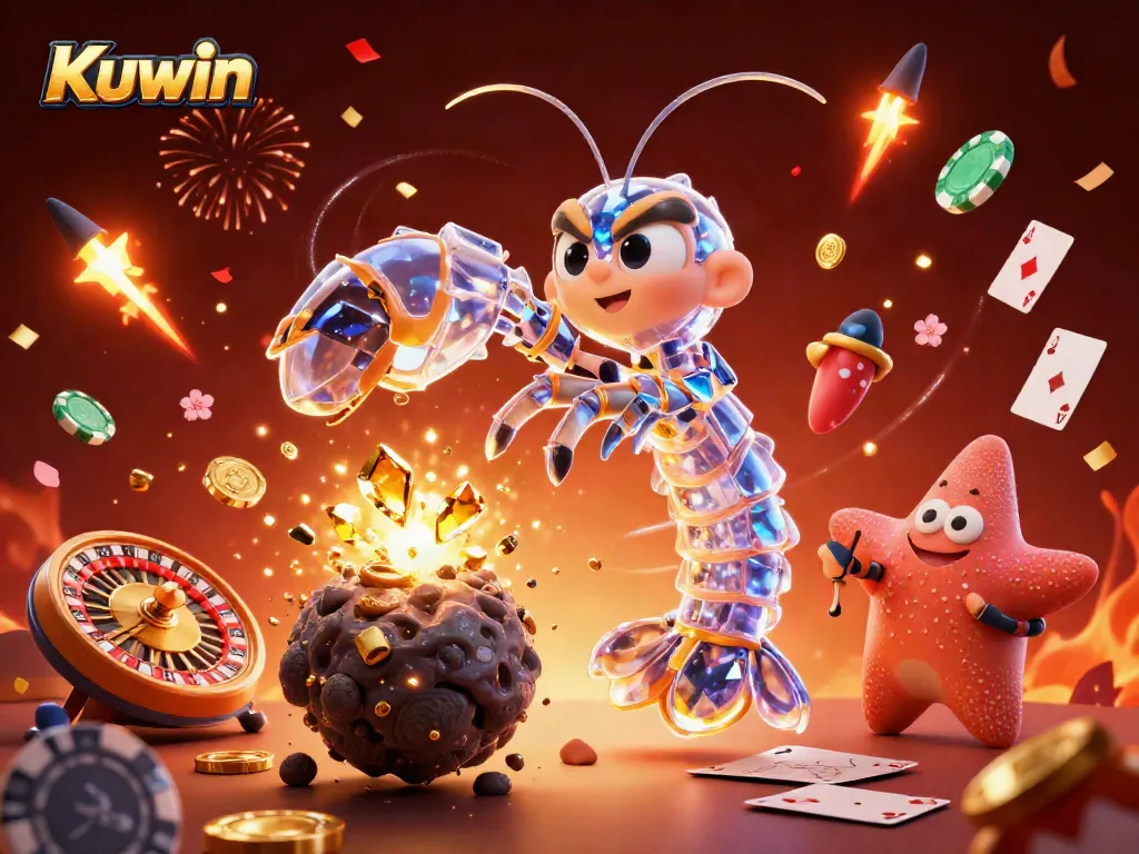 Kuwin showcases a vibrant casino scene with animated characters and immersive gaming elements, creating excitement.